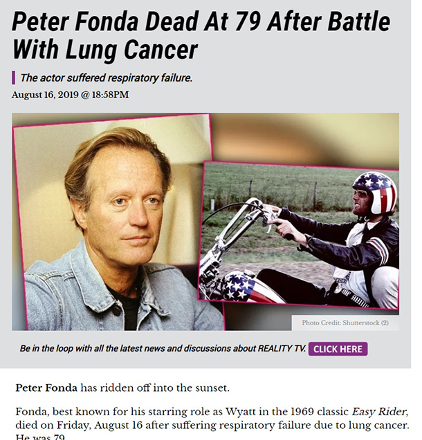 映画「イージー・ライダー」のピーター・フォンダ　肺がんのため７９歳で死去